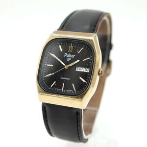 Vintage Pulsar Gold Tone Tank Watch 33mm Day Date Black Leather w New Battery
